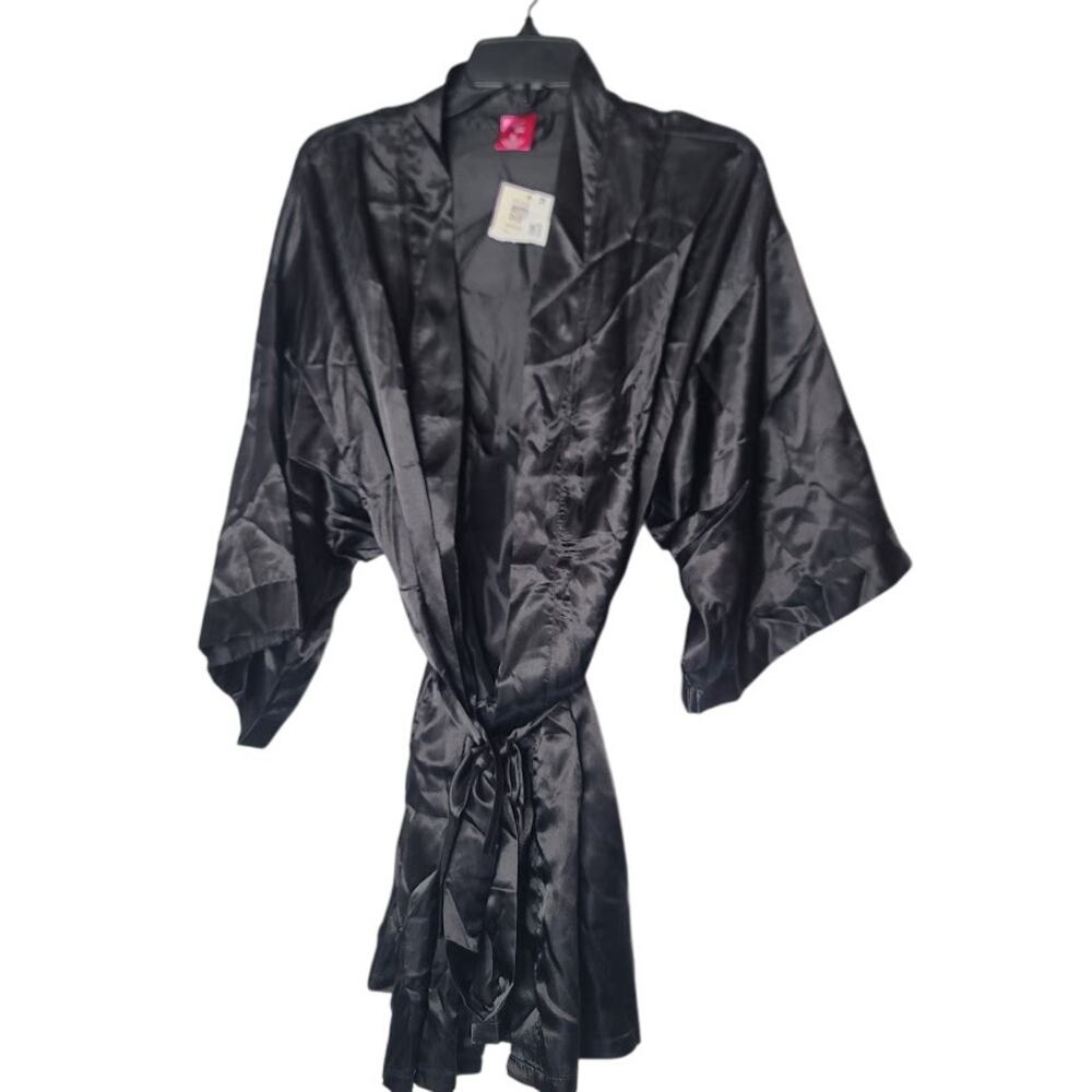 NEW Bottoms out Gal Size XL Black Short belted Robe Sateen Makeup dressing